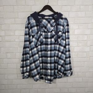 Columbia Blue and Navy Plaid Casual Button-Down Shirt with Hood